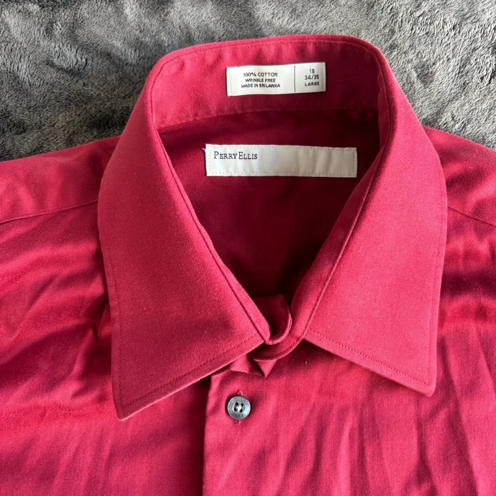 Perry Ellis Mens Large Red Cotton Wrinkle Free‎ Dress Shirt 16 34 35